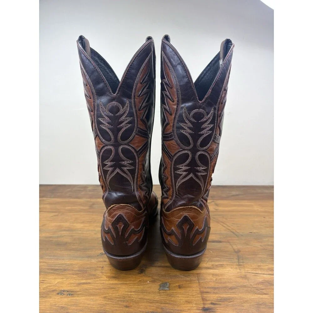 Vtg. Code West Two Tone Leather Flame Inlay Cowboy Boots Mens 10 M USA Western